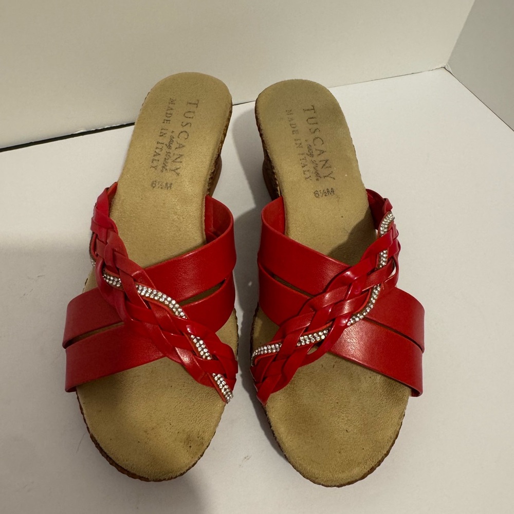 Gessica from Tuscany Braided Metallic Stone Heeled Sandal Size 6.5 Red